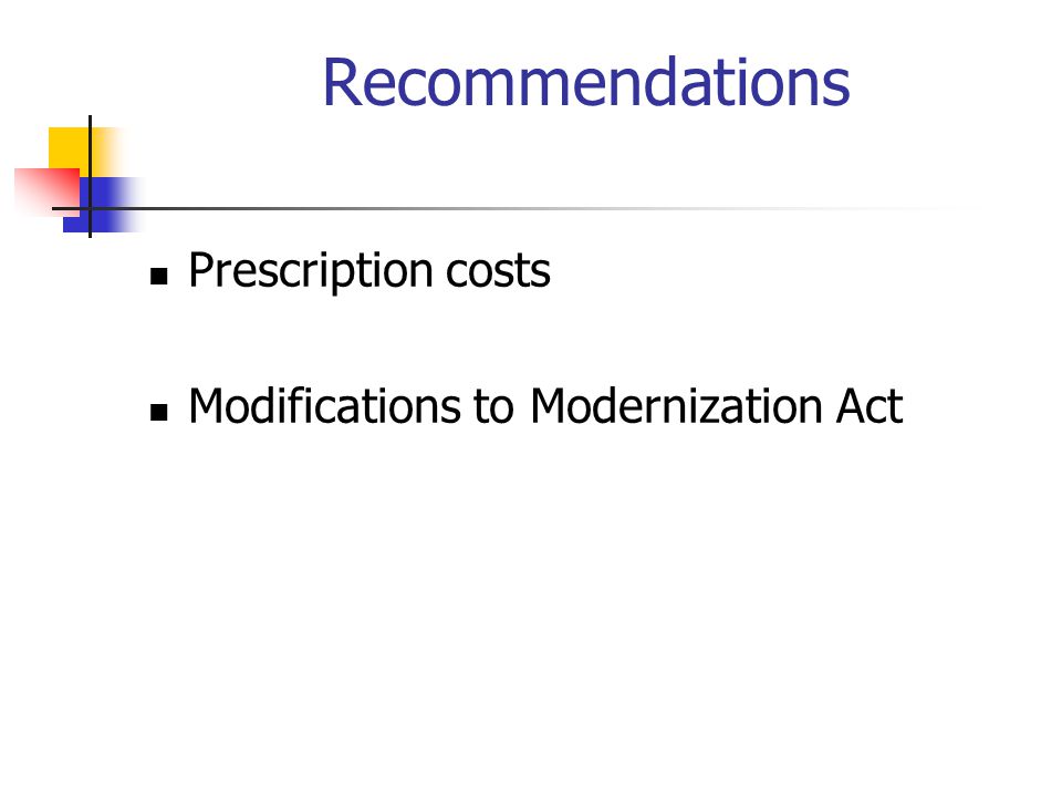 Recommendations Prescription costs Modifications to Modernization Act