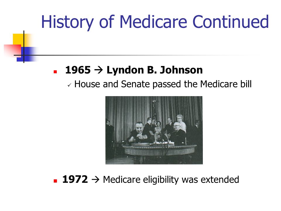 History of Medicare Continued 1965  Lyndon B.