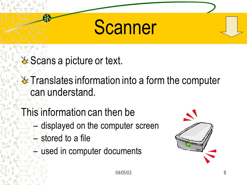 04/05/038 Scanner Scans a picture or text.