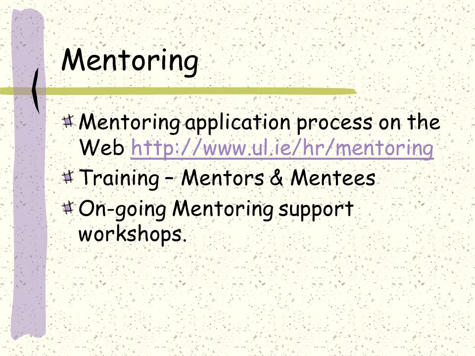 Mentoring Mentoring application process on the Web   Training – Mentors & Mentees On-going Mentoring support workshops.