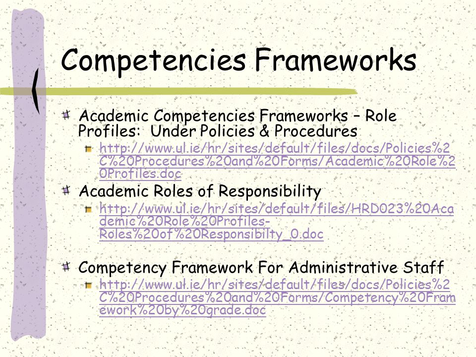 Competencies Frameworks Academic Competencies Frameworks – Role Profiles: Under Policies & Procedures   C%20Procedures%20and%20Forms/Academic%20Role%2 0Profiles.doc Academic Roles of Responsibility   demic%20Role%20Profiles- Roles%20of%20Responsibilty_0.doc Competency Framework For Administrative Staff   C%20Procedures%20and%20Forms/Competency%20Fram ework%20by%20grade.doc