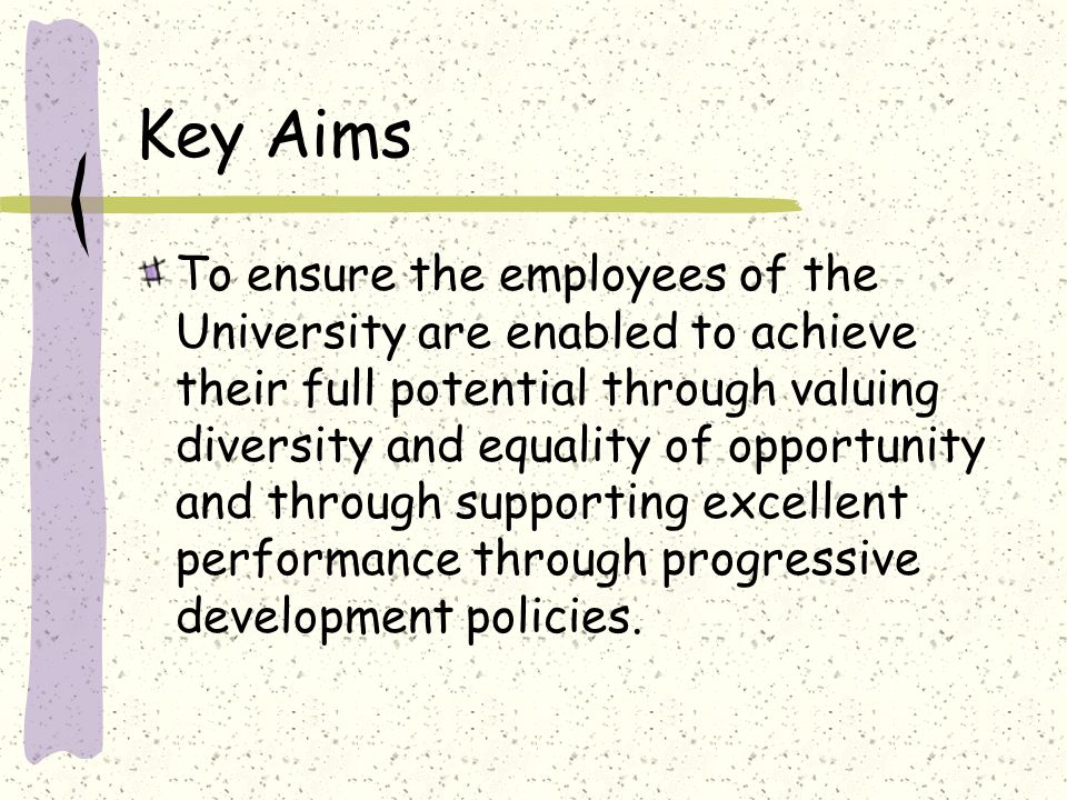 Key Aims To ensure the employees of the University are enabled to achieve their full potential through valuing diversity and equality of opportunity and through supporting excellent performance through progressive development policies.