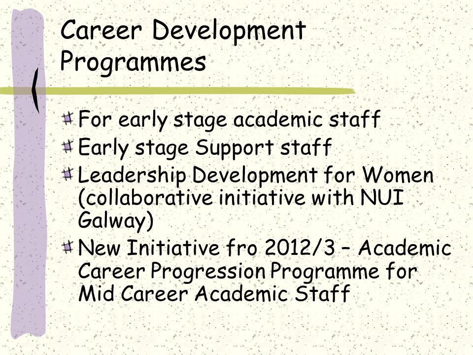 Career Development Programmes For early stage academic staff Early stage Support staff Leadership Development for Women (collaborative initiative with NUI Galway) New Initiative fro 2012/3 – Academic Career Progression Programme for Mid Career Academic Staff