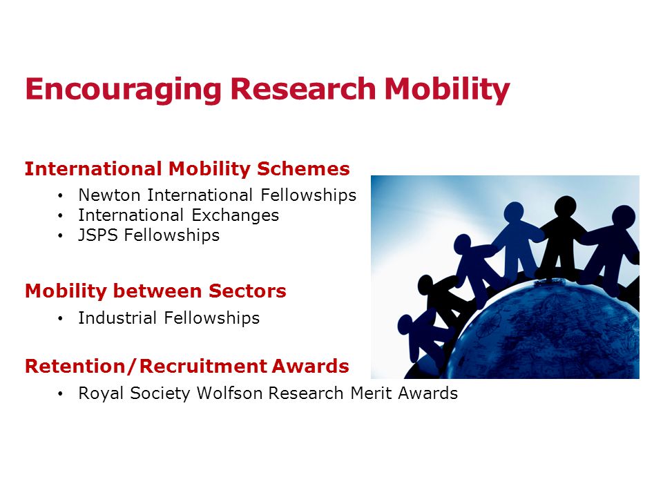 Encouraging Research Mobility International Mobility Schemes Newton International Fellowships International Exchanges JSPS Fellowships Mobility between Sectors Industrial Fellowships Retention/Recruitment Awards Royal Society Wolfson Research Merit Awards