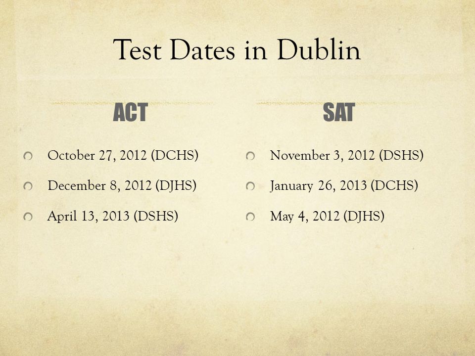 Test Dates in Dublin ACT October 27, 2012 (DCHS) December 8, 2012 (DJHS) April 13, 2013 (DSHS) SAT