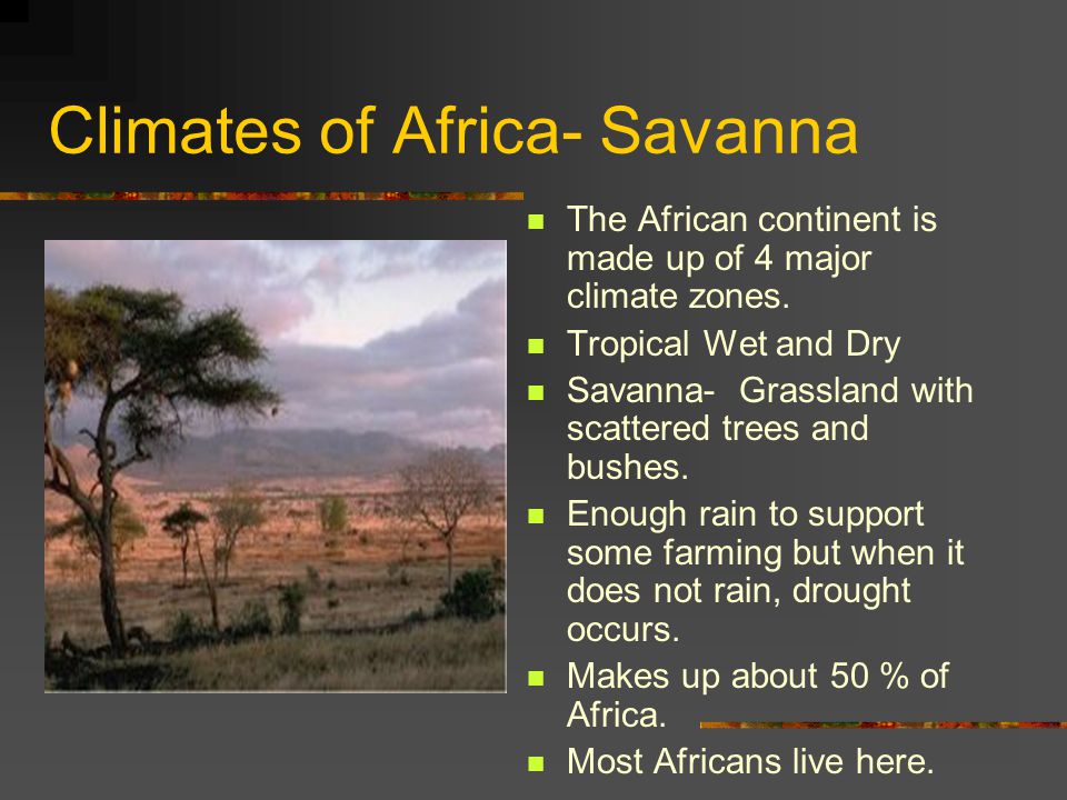 Climates of Africa- Savanna The African continent is made up of 4 major climate zones.