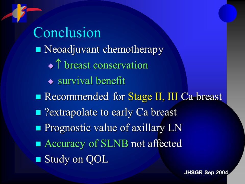 JHSGR Sep 2004 Conclusion Neoadjuvant chemotherapy Neoadjuvant chemotherapy   breast conservation  survival benefit Recommended for Stage II, III Ca breast Recommended for Stage II, III Ca breast extrapolate to early Ca breast extrapolate to early Ca breast Prognostic value of axillary LN Prognostic value of axillary LN Accuracy of SLNB not affected Accuracy of SLNB not affected Study on QOL Study on QOL