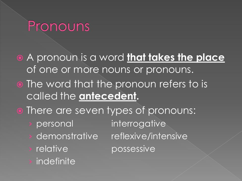  A pronoun is a word that takes the place of one or more nouns or pronouns.