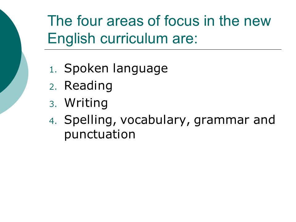 The four areas of focus in the new English curriculum are: 1.