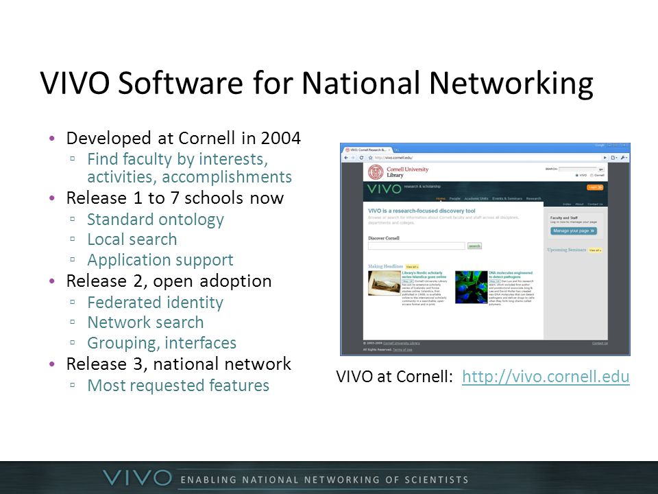 VIVO Software for National Networking Developed at Cornell in 2004 ▫ Find faculty by interests, activities, accomplishments Release 1 to 7 schools now ▫ Standard ontology ▫ Local search ▫ Application support Release 2, open adoption ▫ Federated identity ▫ Network search ▫ Grouping, interfaces Release 3, national network ▫ Most requested features VIVO at Cornell: