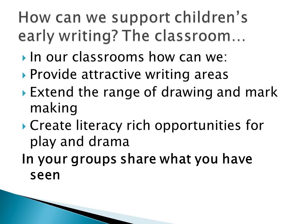  In our classrooms how can we:  Provide attractive writing areas  Extend the range of drawing and mark making  Create literacy rich opportunities for play and drama In your groups share what you have seen