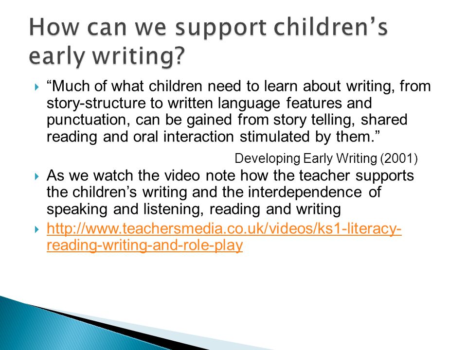  Much of what children need to learn about writing, from story-structure to written language features and punctuation, can be gained from story telling, shared reading and oral interaction stimulated by them.  As we watch the video note how the teacher supports the children’s writing and the interdependence of speaking and listening, reading and writing    reading-writing-and-role-play   reading-writing-and-role-play Developing Early Writing (2001)