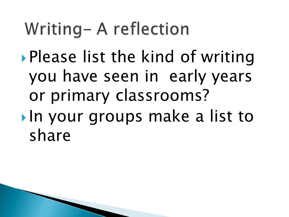  Please list the kind of writing you have seen in early years or primary classrooms.