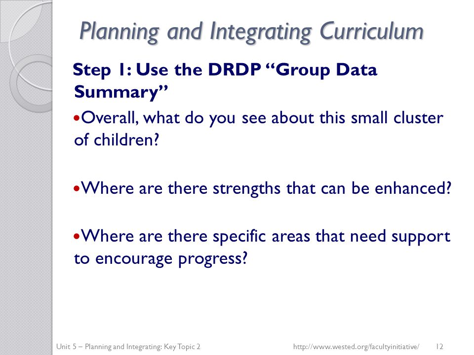 Planning and Integrating Curriculum Step 1: Use the DRDP Group Data Summary Overall, what do you see about this small cluster of children.