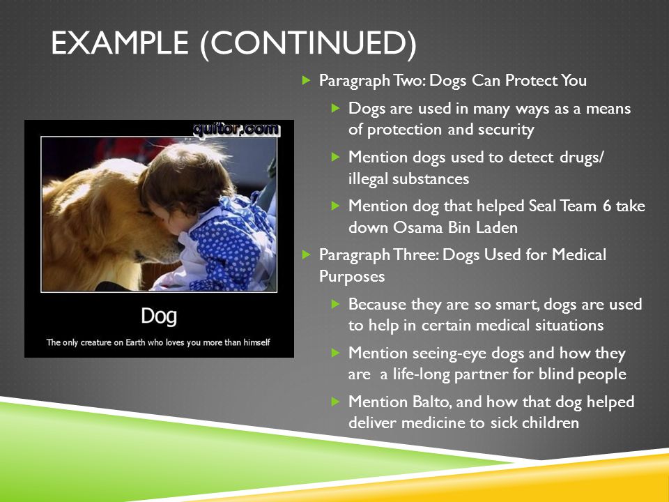 EXAMPLE (CONTINUED)  Paragraph Two: Dogs Can Protect You  Dogs are used in many ways as a means of protection and security  Mention dogs used to detect drugs/ illegal substances  Mention dog that helped Seal Team 6 take down Osama Bin Laden  Paragraph Three: Dogs Used for Medical Purposes  Because they are so smart, dogs are used to help in certain medical situations  Mention seeing-eye dogs and how they are a life-long partner for blind people  Mention Balto, and how that dog helped deliver medicine to sick children
