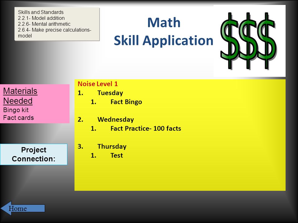 Math Skill Application Noise Level 1 1.Tuesday 1.Fact Bingo 2.Wednesday 1.Fact Practice- 100 facts 3.Thursday 1.Test Materials Needed Bingo kit Fact cards Home Project Connection: Skills and Standards Model addition Mental arithmetic Make precise calculations- model