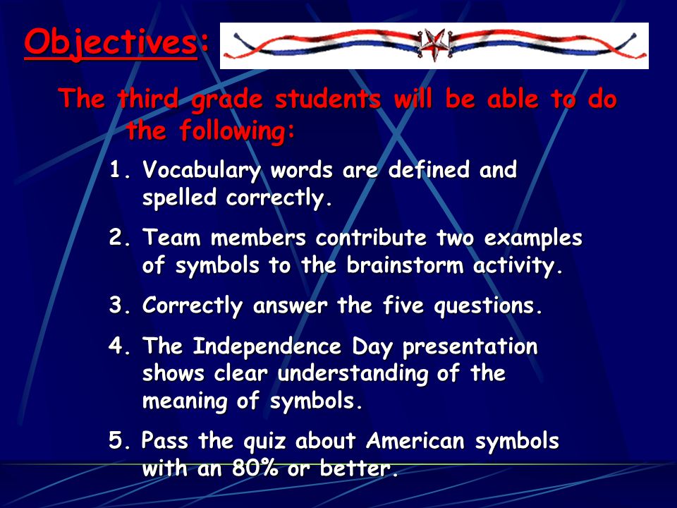 Objectives: The third grade students will be able to do the following: 1.Vocabulary words are defined and spelled correctly.