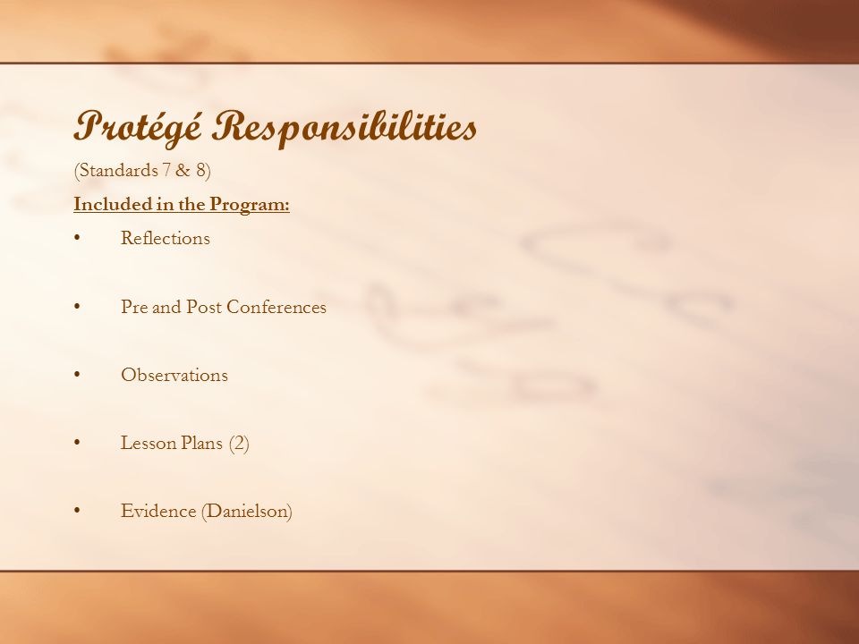 Protégé Responsibilities (Standards 7 & 8) Included in the Program: Reflections Pre and Post Conferences Observations Lesson Plans (2) Evidence (Danielson)