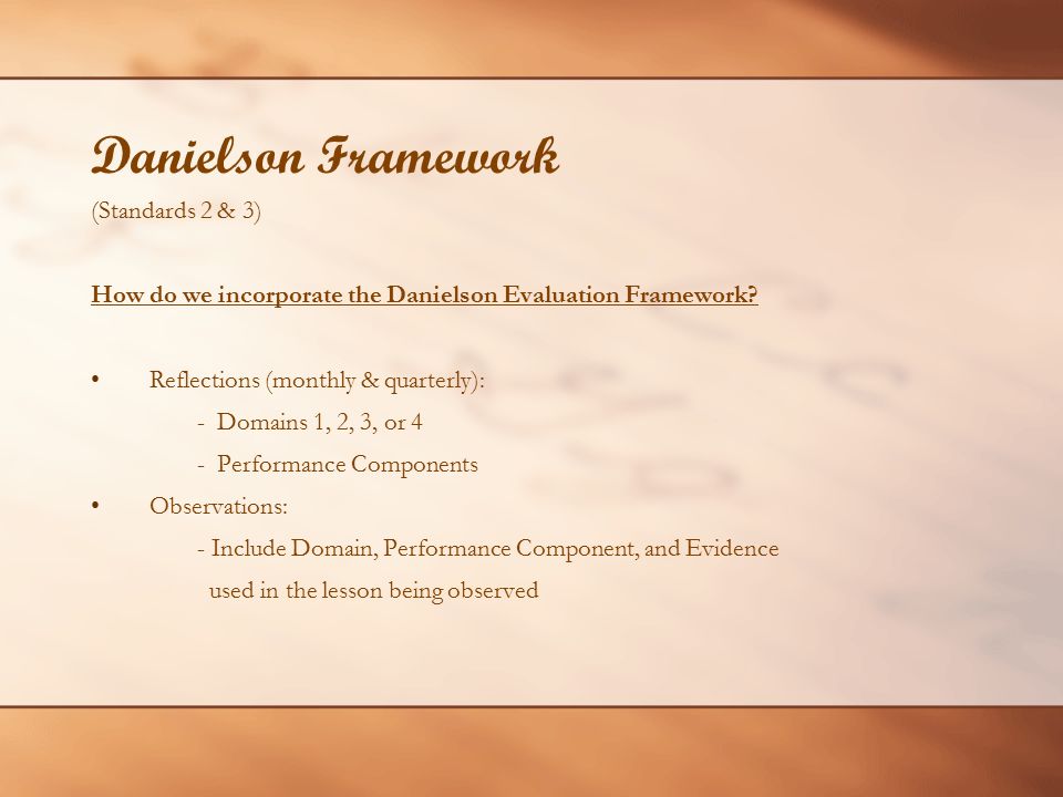 Danielson Framework (Standards 2 & 3) How do we incorporate the Danielson Evaluation Framework.