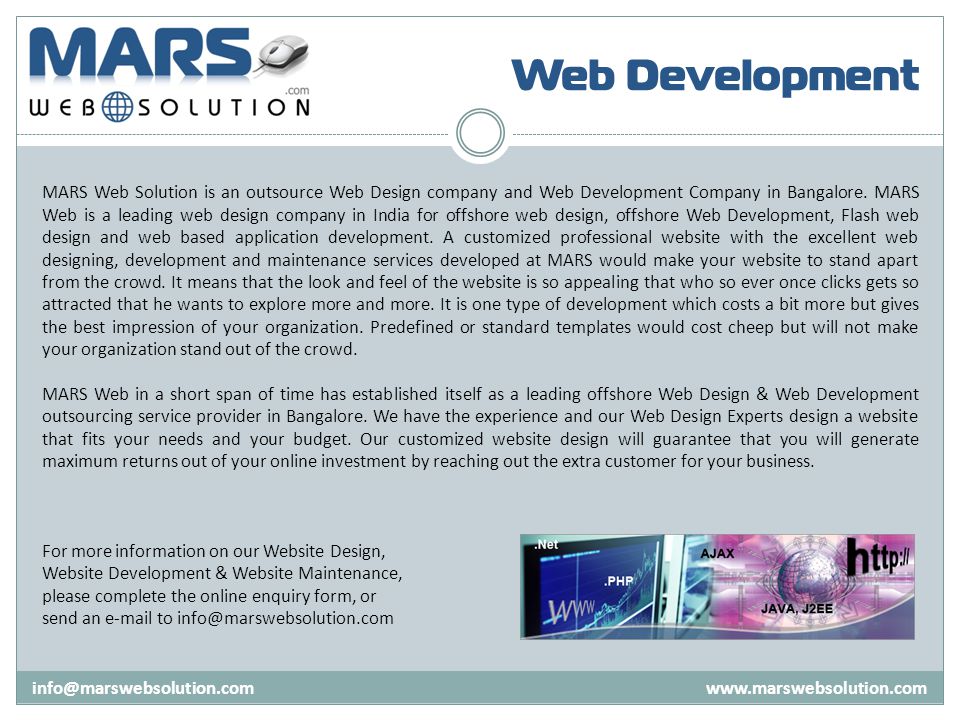 Web Development   MARS Web Solution is an outsource Web Design company and Web Development Company in Bangalore.