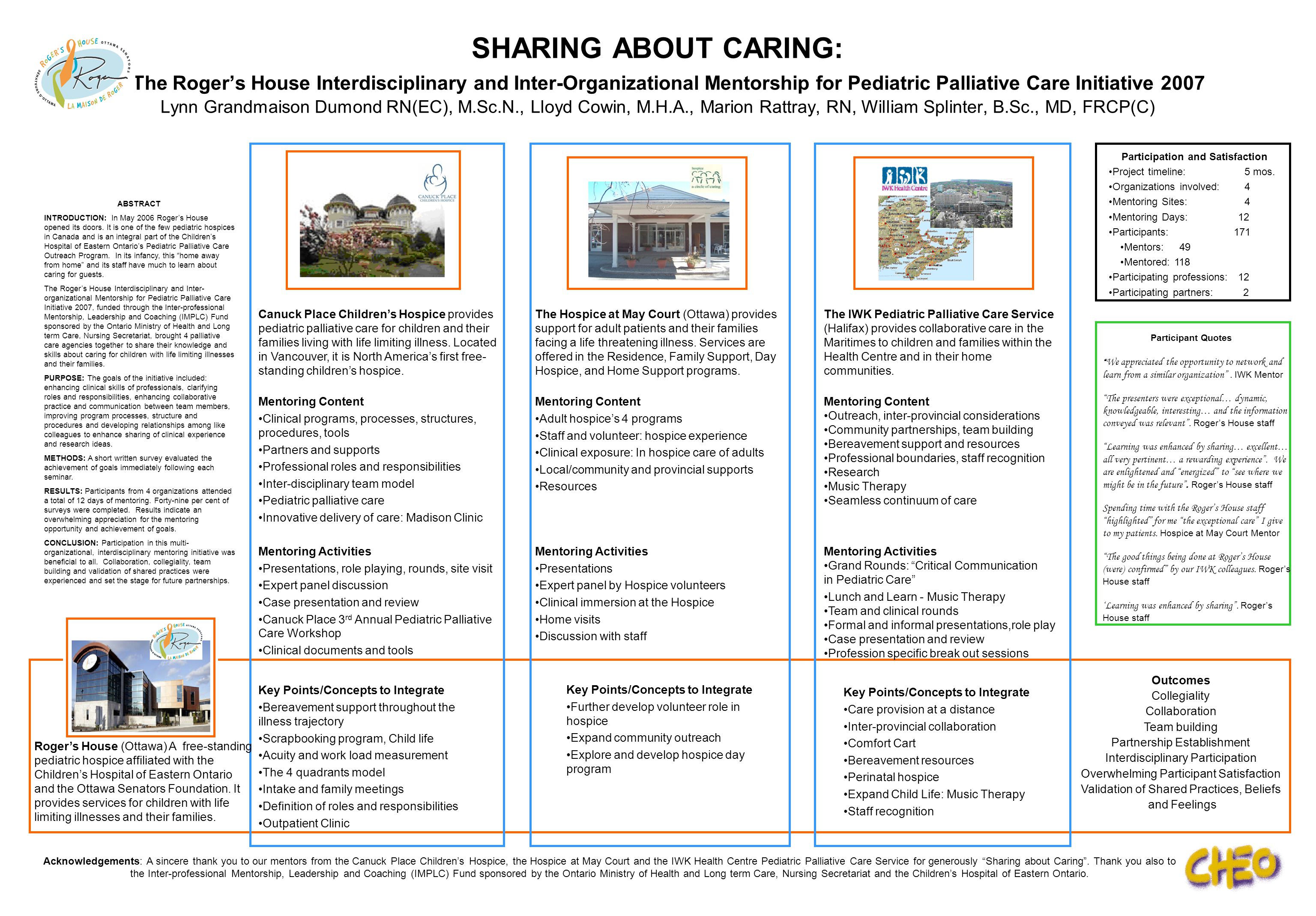 SHARING ABOUT CARING: The Roger’s House Interdisciplinary and Inter-Organizational Mentorship for Pediatric Palliative Care Initiative 2007 Lynn Grandmaison Dumond RN(EC), M.Sc.N., Lloyd Cowin, M.H.A., Marion Rattray, RN, William Splinter, B.Sc., MD, FRCP(C) Acknowledgements: A sincere thank you to our mentors from the Canuck Place Children’s Hospice, the Hospice at May Court and the IWK Health Centre Pediatric Palliative Care Service for generously Sharing about Caring .