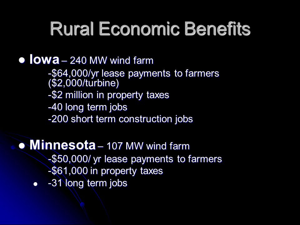 Rural Economic Benefits Iowa – 240 MW wind farm Iowa – 240 MW wind farm -$64,000/yr lease payments to farmers ($2,000/turbine) -$2 million in property taxes -40 long term jobs -200 short term construction jobs Minnesota – 107 MW wind farm Minnesota – 107 MW wind farm -$50,000/ yr lease payments to farmers -$61,000 in property taxes -31 long term jobs -31 long term jobs