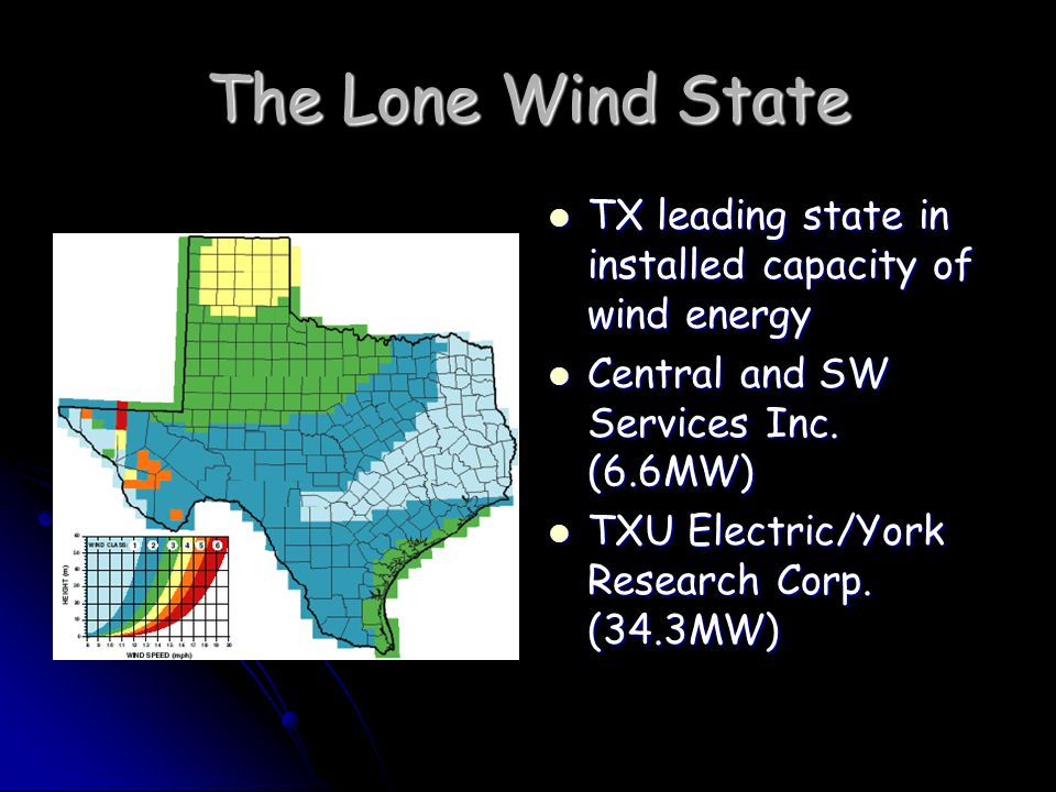 The Lone Wind State TX leading state in installed capacity of wind energy TX leading state in installed capacity of wind energy Central and SW Services Inc.