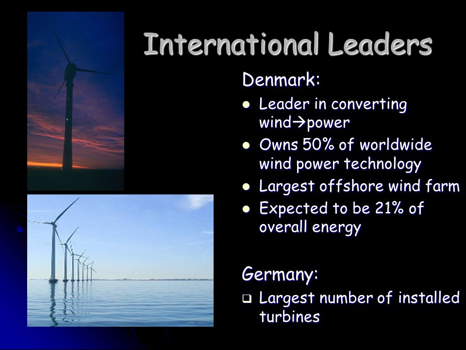 International Leaders Denmark: Leader in converting wind  power Leader in converting wind  power Owns 50% of worldwide wind power technology Owns 50% of worldwide wind power technology Largest offshore wind farm Largest offshore wind farm Expected to be 21% of overall energy Expected to be 21% of overall energyGermany:  Largest number of installed turbines