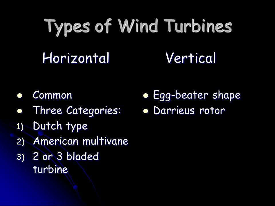 Types of Wind Turbines Horizontal Horizontal Common Common Three Categories: Three Categories: 1) Dutch type 2) American multivane 3) 2 or 3 bladed turbine Vertical Vertical Egg-beater shape Egg-beater shape Darrieus rotor Darrieus rotor