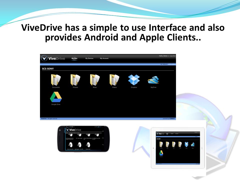ViveDrive has a simple to use Interface and also provides Android and Apple Clients..