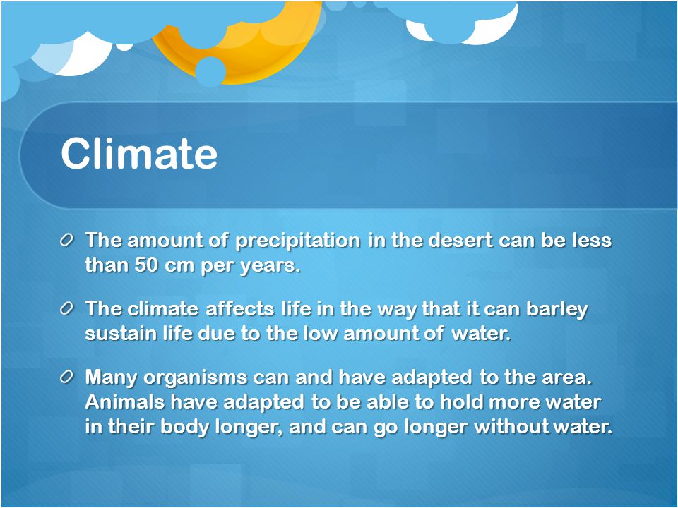 Climate The amount of precipitation in the desert can be less than 50 cm per years.