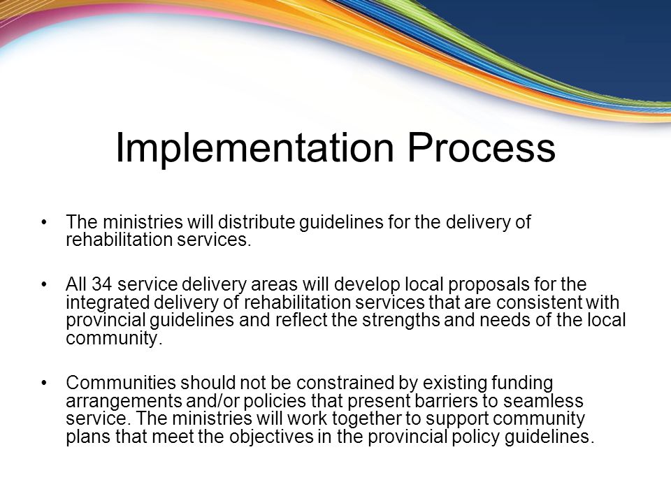 Implementation Process The ministries will distribute guidelines for the delivery of rehabilitation services.