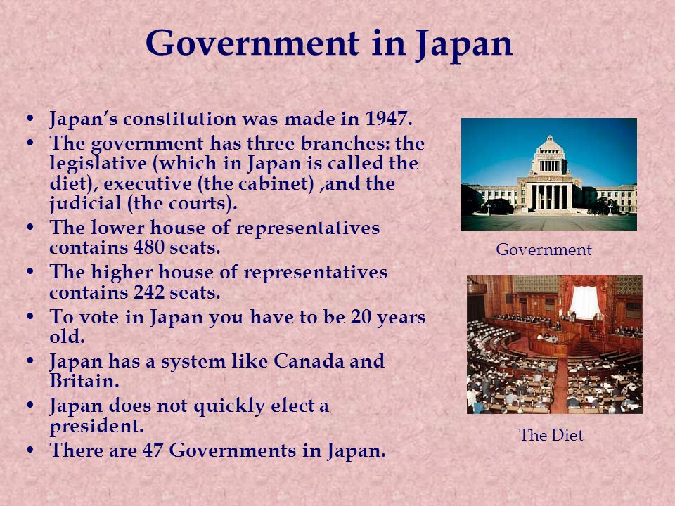 Japan's Culture By Shanyce F.. Government in Japan Japan's constitution was made in The government has three branches: the legislative (which in. - ppt download