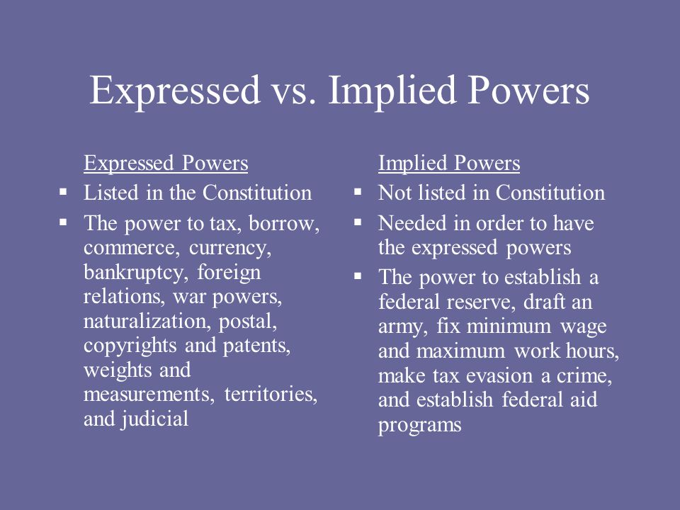 Explain the difference between enumerated powers and implied powers