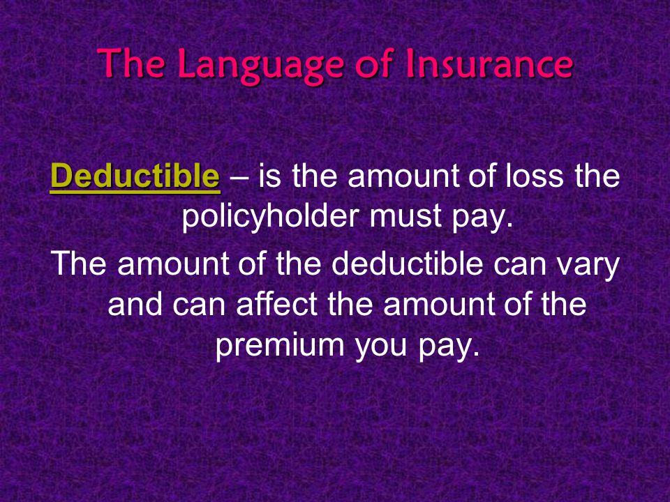 The Language of Insurance Deductible Deductible – is the amount of loss the policyholder must pay.
