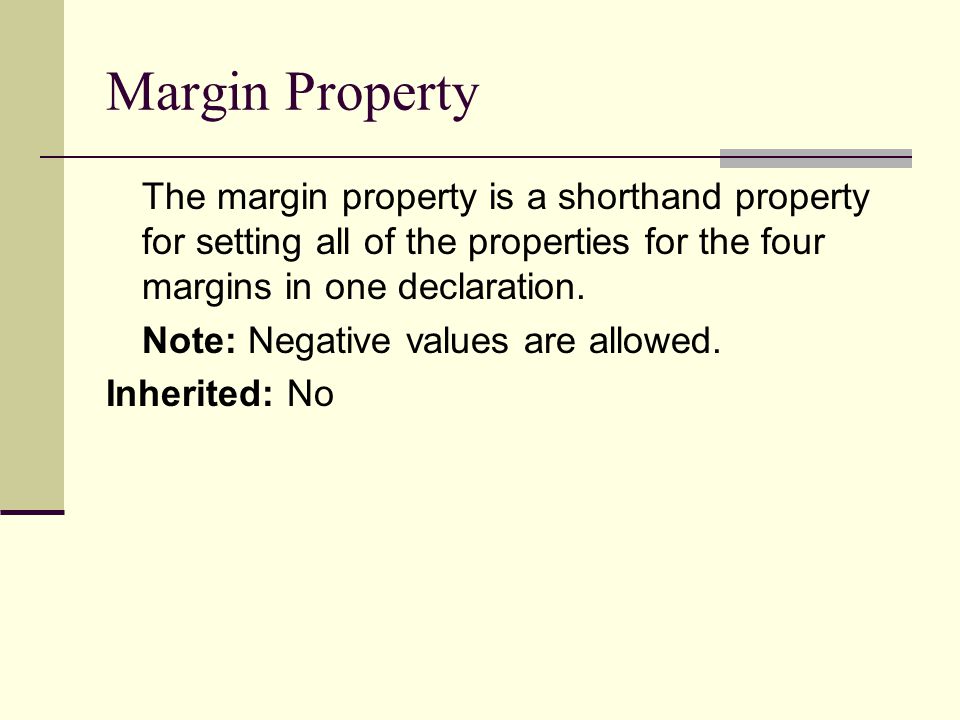 CSS Margins. The Margin properties define the space around elements. It is  possible to use negative values to overlap content. The top, right, bottom,  - ppt download