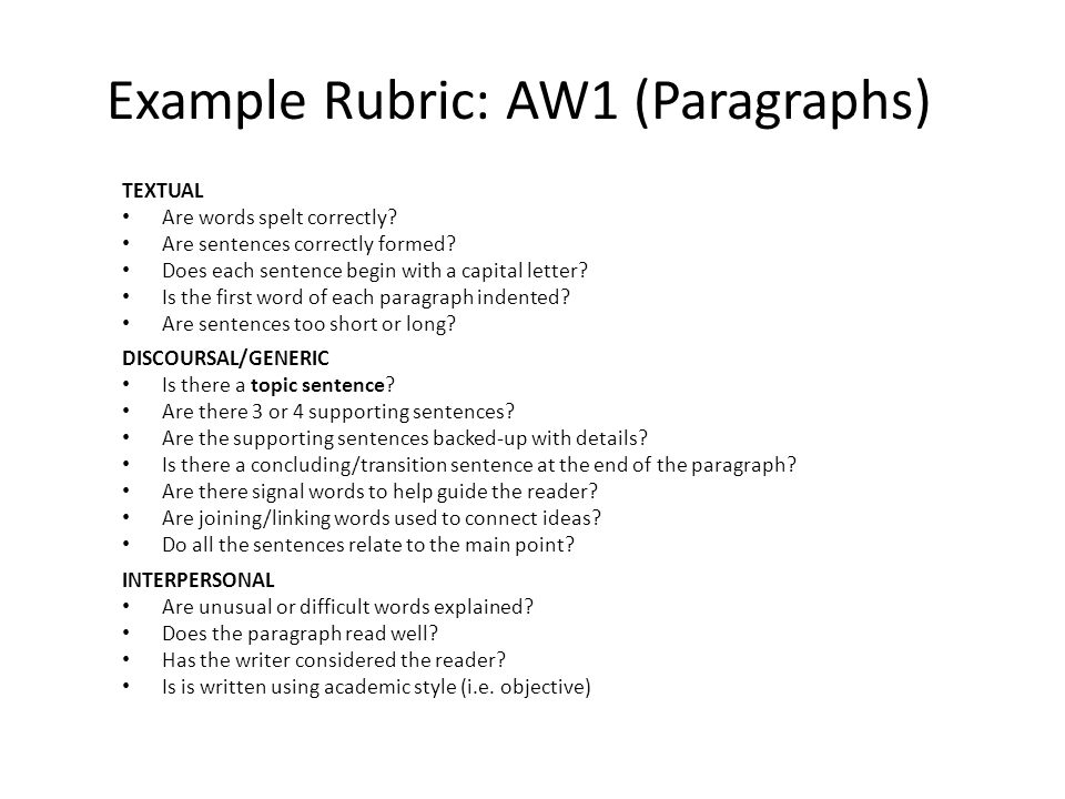 Example Rubric: AW1 (Paragraphs) TEXTUAL Are words spelt correctly.