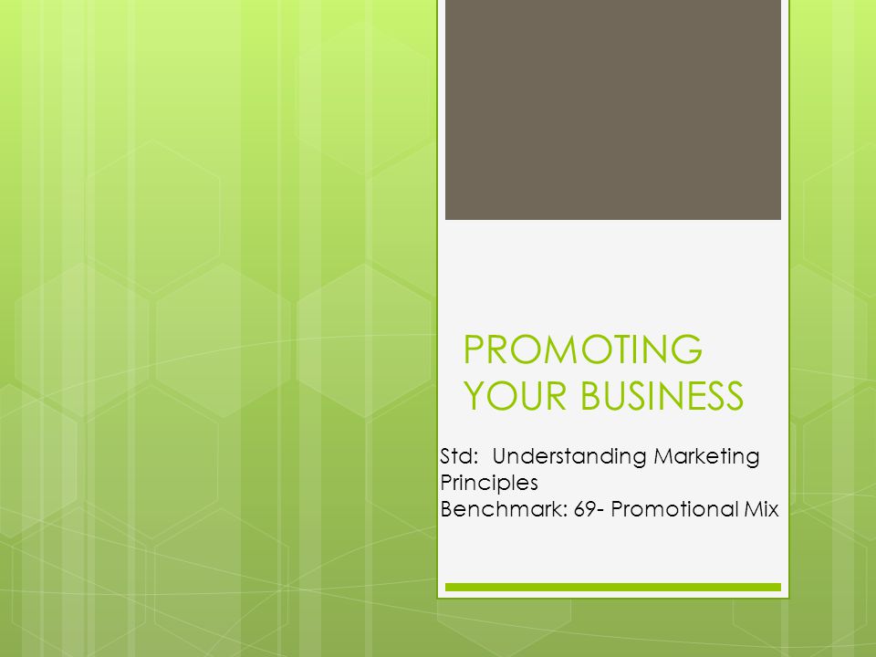 PROMOTING YOUR BUSINESS Std: Understanding Marketing Principles Benchmark: 69- Promotional Mix
