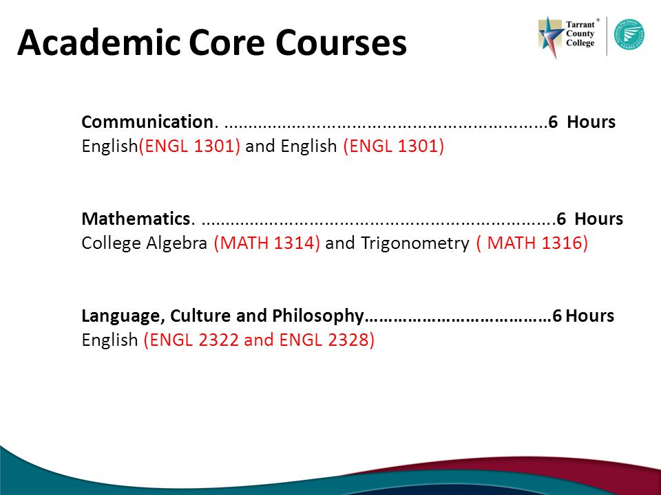 Academic Core Courses Communication Hours English(ENGL 1301) and English (ENGL 1301) Mathematics Hours College Algebra (MATH 1314) and Trigonometry ( MATH 1316) Language, Culture and Philosophy…………………………………6 Hours English (ENGL 2322 and ENGL 2328)