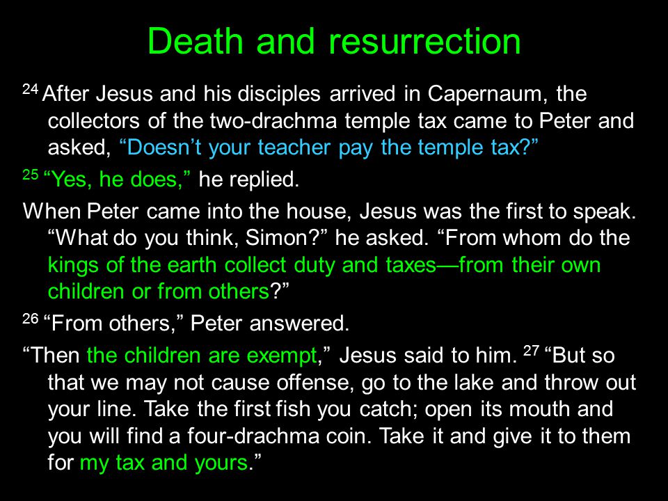 Death and resurrection 24 After Jesus and his disciples arrived in Capernaum, the collectors of the two-drachma temple tax came to Peter and asked, Doesn’t your teacher pay the temple tax 25 Yes, he does, he replied.