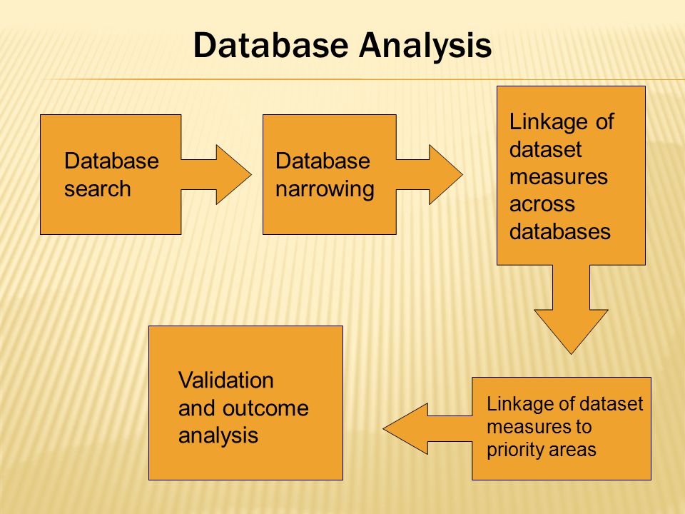 Database Analysis Database search Database narrowing Linkage of dataset measures across databases Linkage of dataset measures to priority areas Validation and outcome analysis