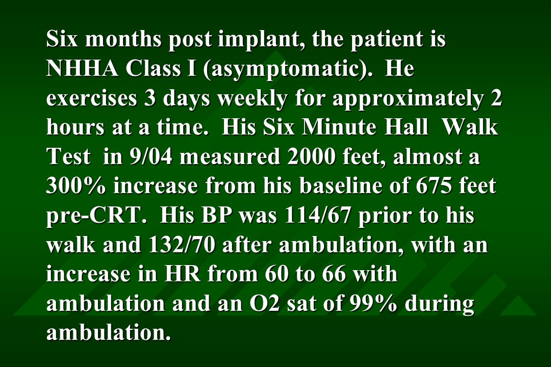 Six months post implant, the patient is NHHA Class I (asymptomatic).