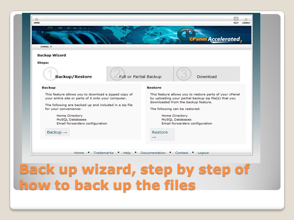 Back up wizard, step by step of how to back up the files