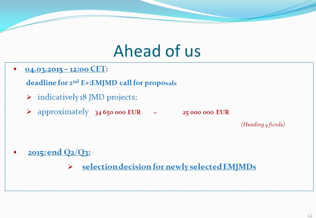 Ahead of us  – 12:00 CET: deadline for 2 nd E+:EMJMD call for propo sals  indicatively 18 JMD projects;  approximately EUR EUR (Heading 4 funds)  2015: end Q2/Q3:  selection decision for newly selected EMJMDs 12