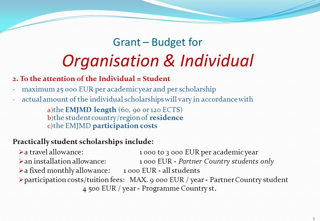 Grant – Budget for Organisation & Individual 2.