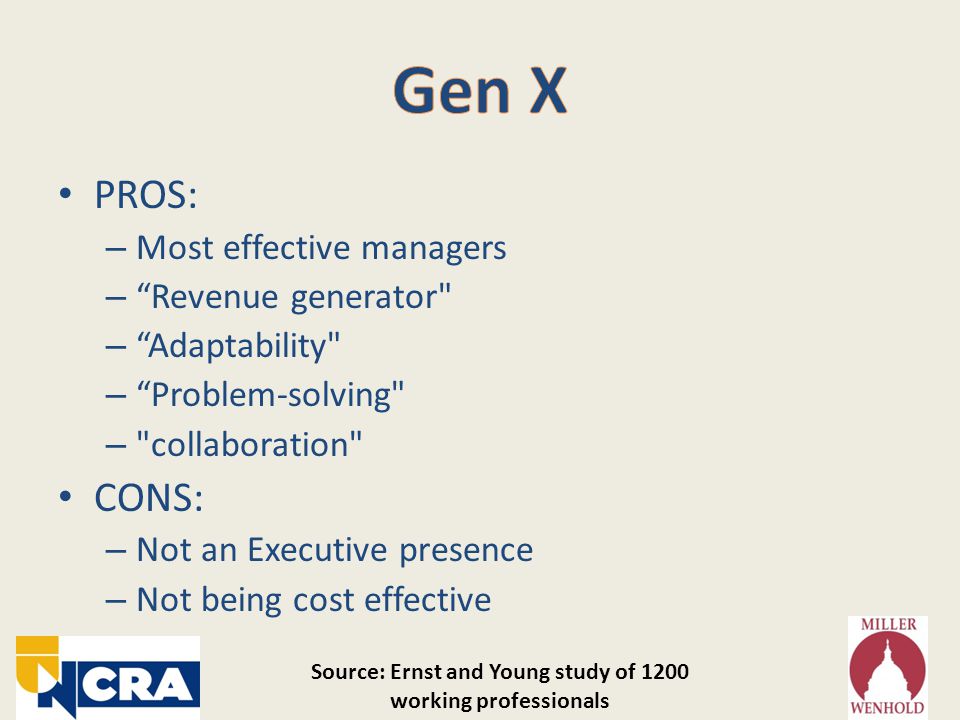 PROS: – Most effective managers – Revenue generator – Adaptability – Problem-solving – collaboration CONS: – Not an Executive presence – Not being cost effective Source: Ernst and Young study of 1200 working professionals