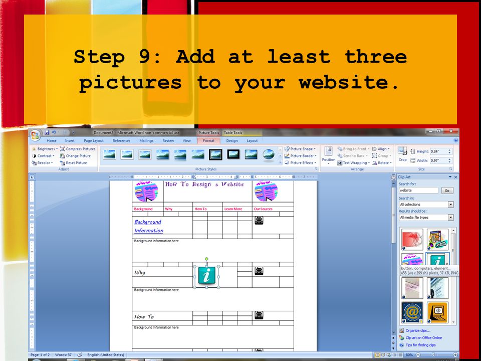 Step 9: Add at least three pictures to your website.