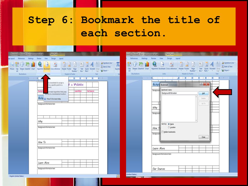 Step 6: Bookmark the title of each section.