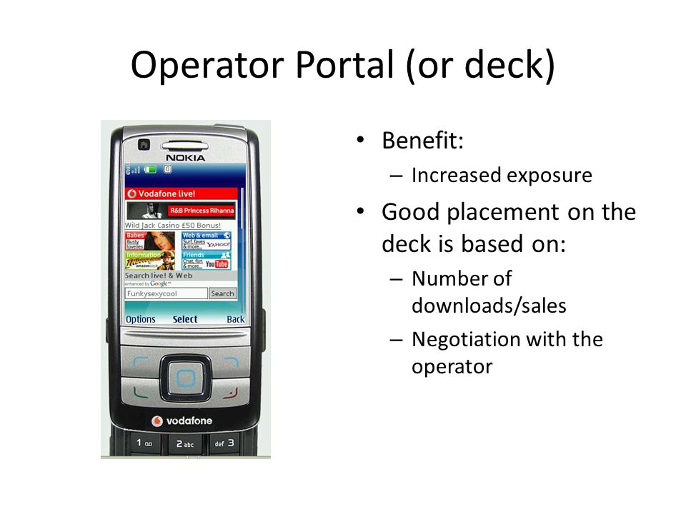 Operator Portal (or deck) Benefit: – Increased exposure Good placement on the deck is based on: – Number of downloads/sales – Negotiation with the operator