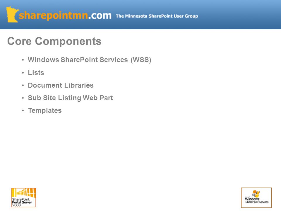 Windows SharePoint Services (WSS) Lists Document Libraries Sub Site Listing Web Part Templates Core Components